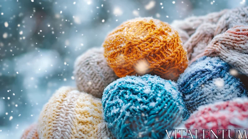 Colorful knitted winter hats stacked in falling snow.