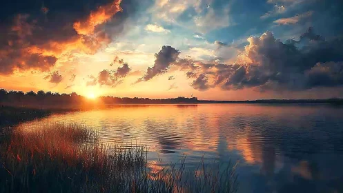 Sunset chorus ignites the lake beneath painted storm clouds.