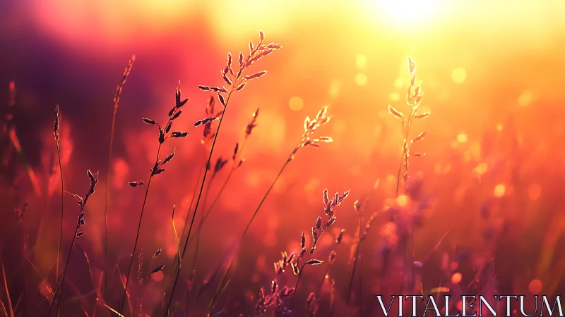 Backlit meadow grasses in shallow focus at sunset time.