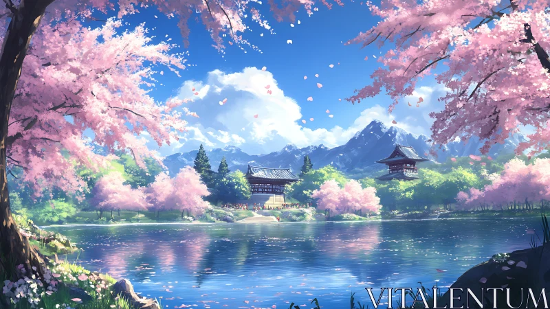 Serene lakeside temple framed by luminous cherry blossoms
