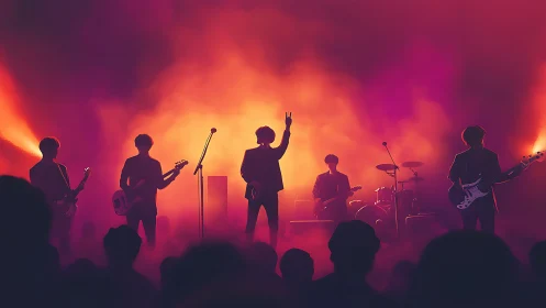 Silhouetted rock band under neon stage haze at dusk glow.