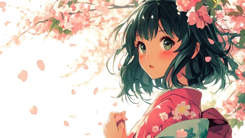 Girl in kimono stands under cherry blossoms in soft light