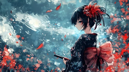 Kimono-clad girl in floral anime portrait with dynamic bokeh