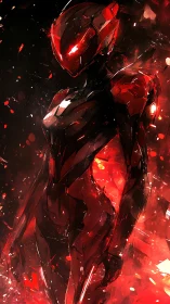 Red armored humanoid android in fiery abstract light