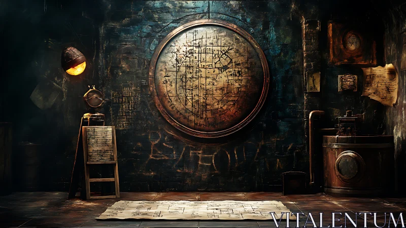 Steampunk alchemy chamber with large circular arcane map.