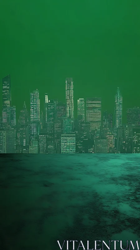 Green monochrome city skyline stands above reflective surface
