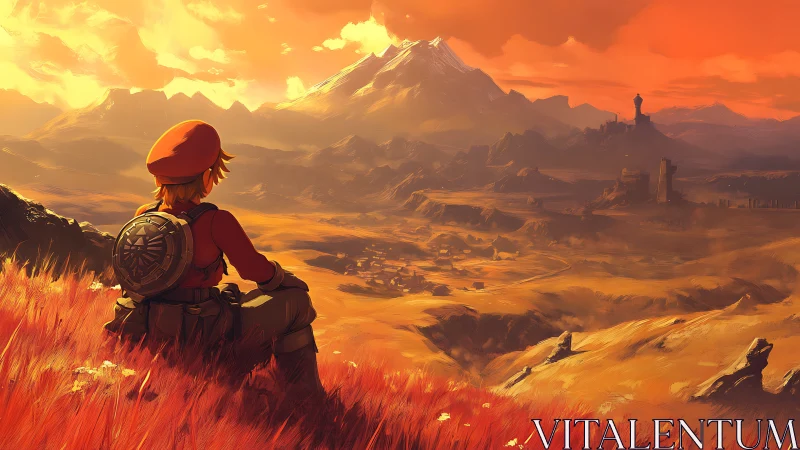 Sunset wanderer enjoys a vast golden valley of adventure