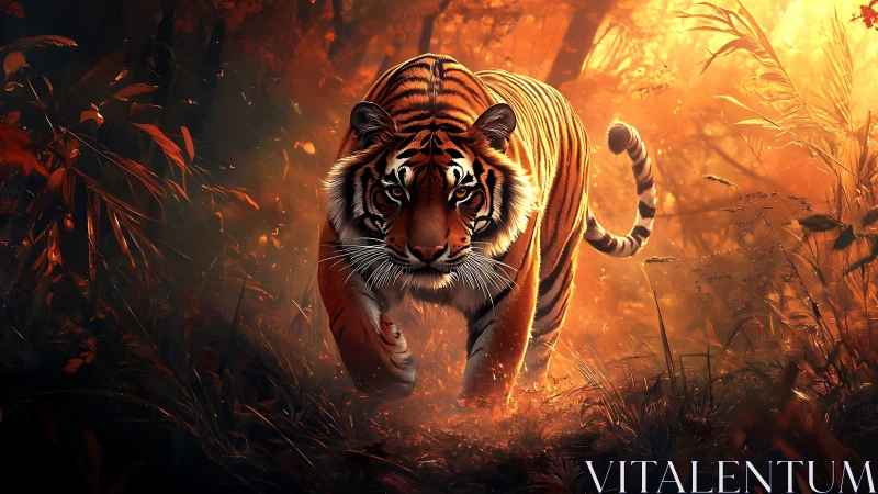Ember jungle tiger strides through molten sunrise haze.