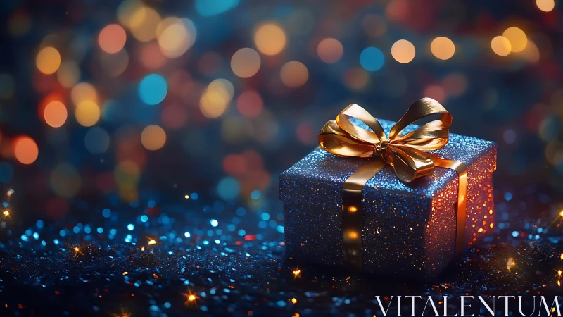 Sparkling gift box with gold ribbon on festive lights.