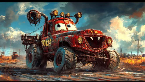 Cartoon monster tow truck roars across muddy wasteland