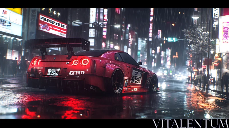 Red tuned GT-R under neon rain in cinematic Tokyo streets.