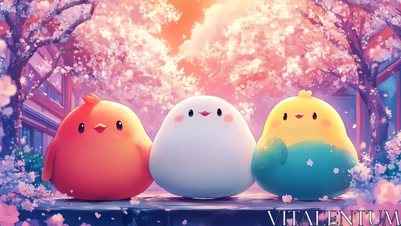 Springtime pastel birds beneath glowing sakura canopy.