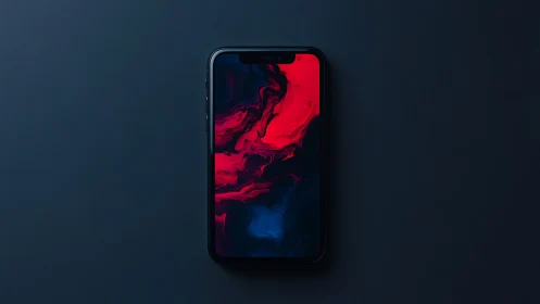 Smartphone Displaying Abstract Red and Blue Liquid Motion Wallpaper