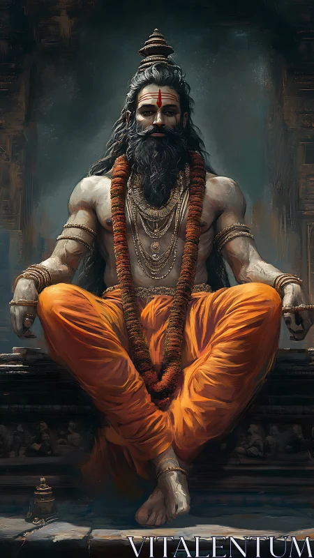 Serene sage in orange robes resting in quiet temple power.