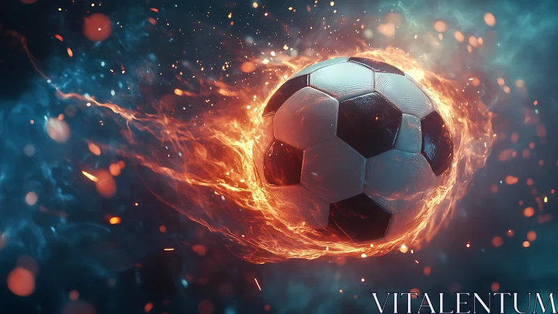 Fiery soccer ball streaks through glowing blue smoke.