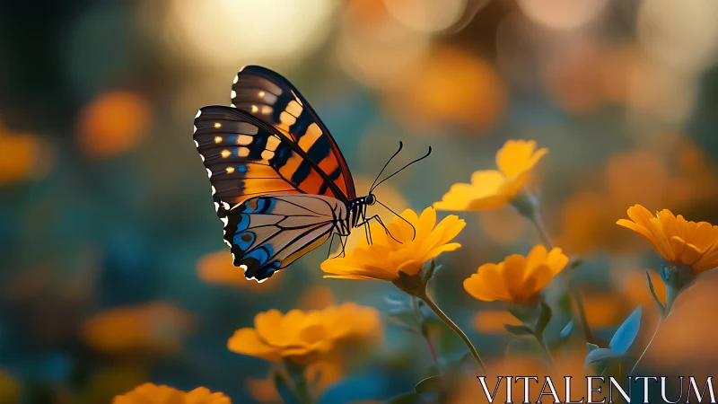 Butterfly negotiates petals like sunset-colored stepping stones