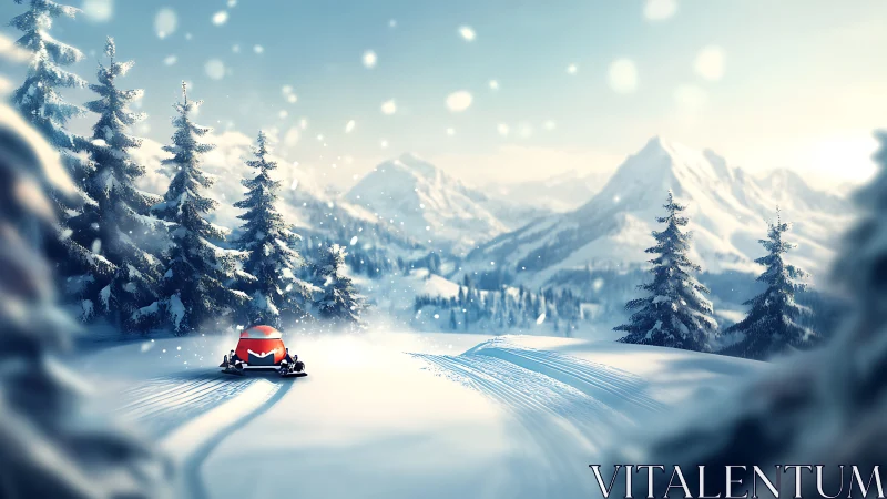 Snow vehicle traversing groomed trail in alpine forest scene.