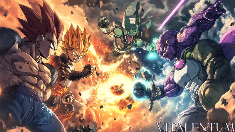 Epic anime rivals trading blazing energy in midair clash.
