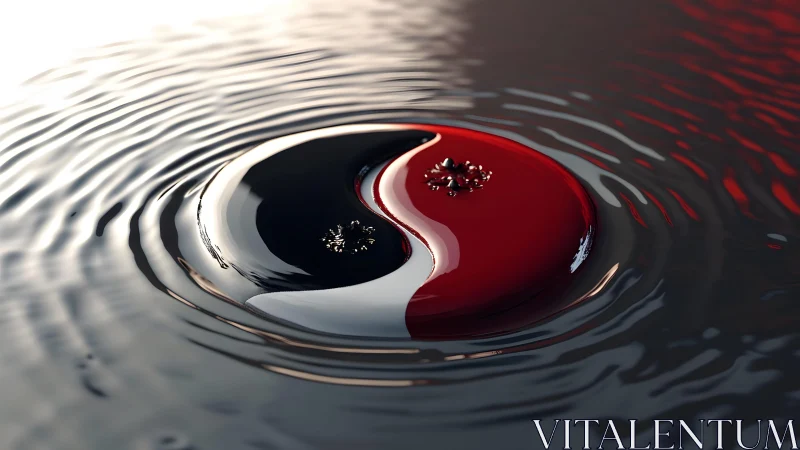 Yin Yang symbol in glossy black and red, floating on rippling water.