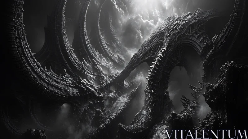 Colossal biomechanical arches in stormy monochrome void.