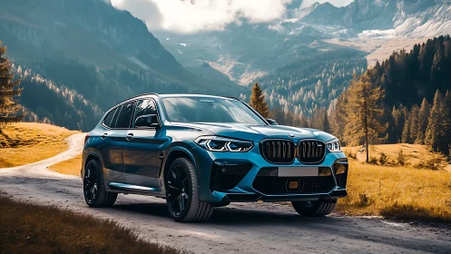 High-performance blue SUV on alpine gravel road, cinematic lighting.