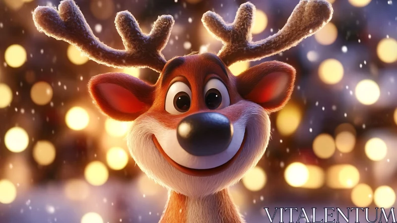 Smiling cartoon reindeer rendered in festive 3D bokeh lighting