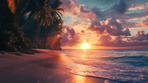 Sunset illuminates tropical palm beach and reflective waves