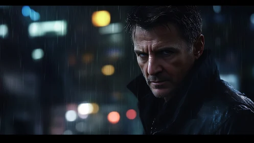 Brooding male figure in rain-soaked neon city at night