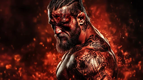 Burning warrior forged in embers and scarlet fury.