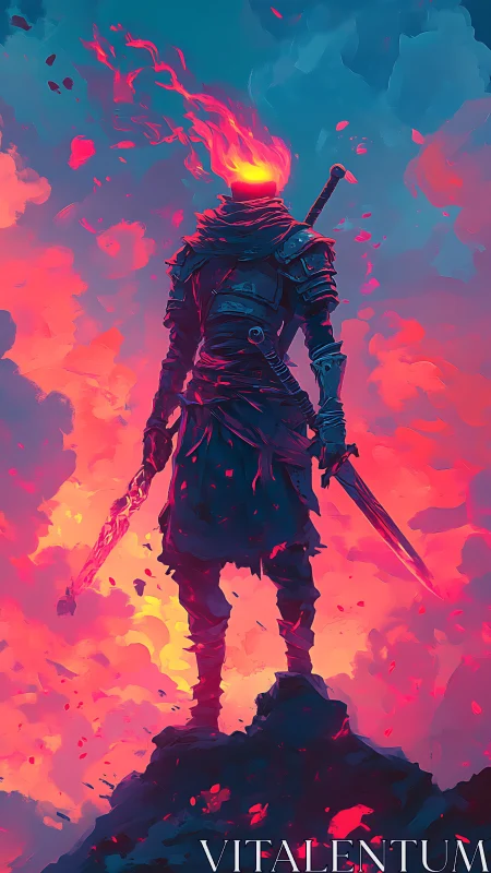 Flame-headed warrior surveys volcanic battlefield in saturated chroma