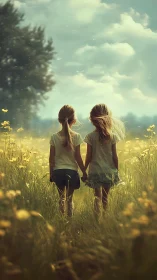 Two Children Standing in Yellow Wildflower Field