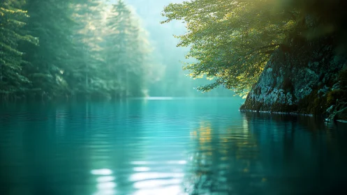 Still forest lake with overhanging tree and rocky shoreline.