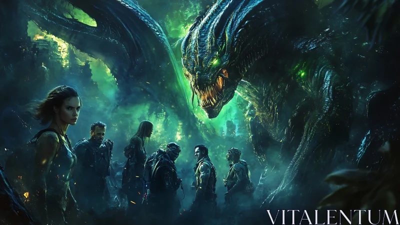 Brave explorers confront a glowing jungle monster together