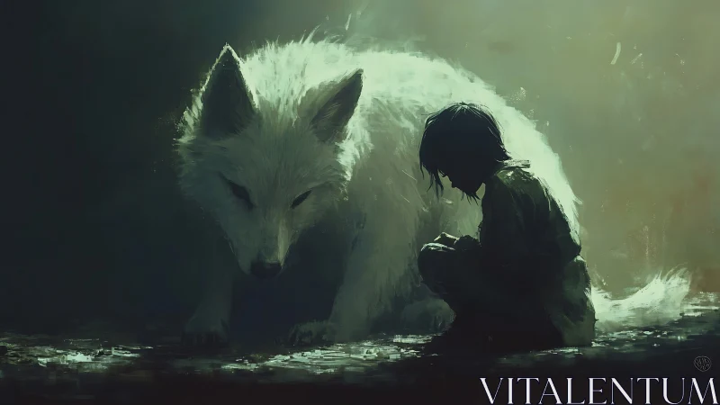 White wolf and child resting together in dim green light.