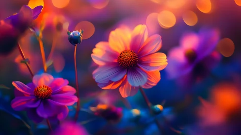 Chromatic Cosmos Flowers: Bokeh-Rendered Floral Composition.