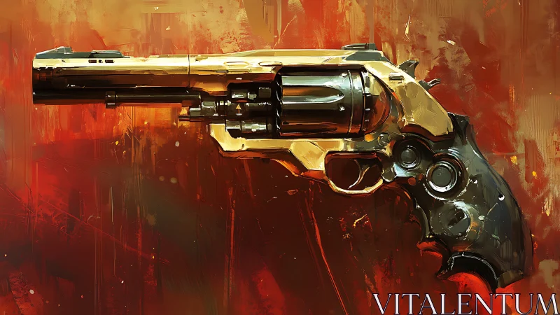 Digital painting of a golden revolver on fiery abstract ground.