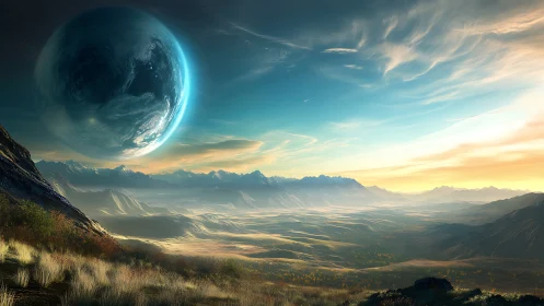 Digital painting of alien valley under colossal blue planet.