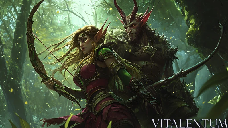 Elven archer and horned faun warrior scouting dense forest