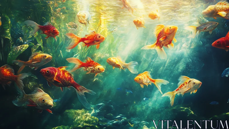 Sunlit koi school gliding through luminous waterscape.