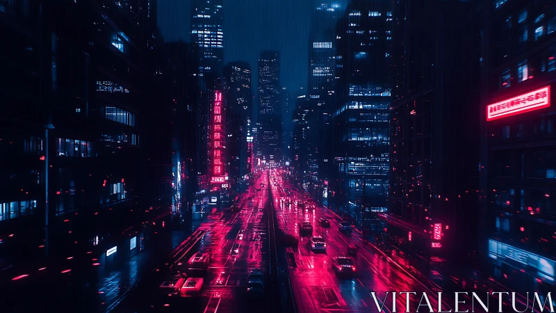 Neon rain streaks across cyberpunk city artery at night.