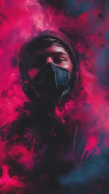 Masked figure emerges through neon magenta smoke shroud.