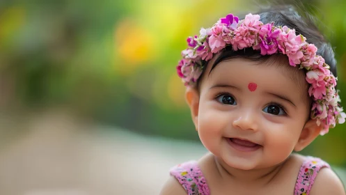 Smiling infant girl with pink flower crown in garden.