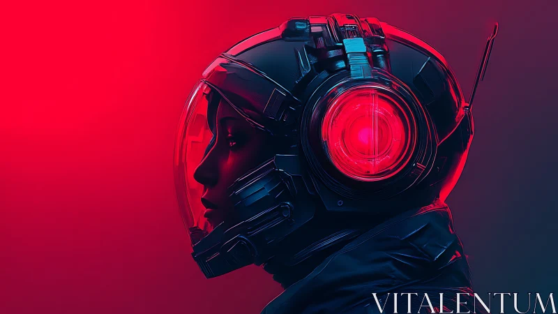 Futuristic astronaut in neon red helmet gazes into darkness