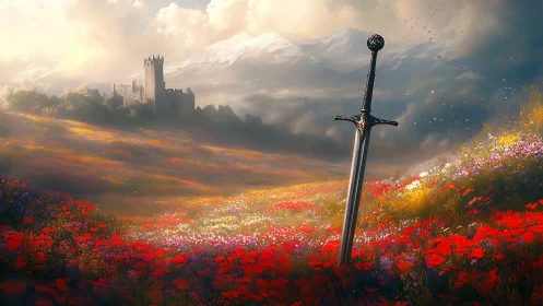 Medieval sword in flower field before distant mountain castle.