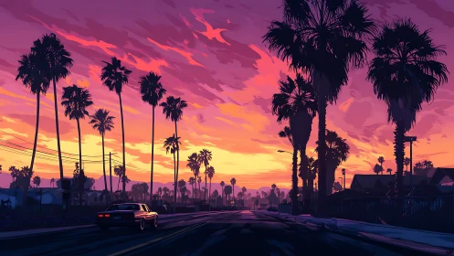 Sunset street with palm trees and car under vivid sky.