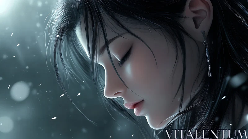 Snowlit reverie frames a serene girl in silvered stillness.