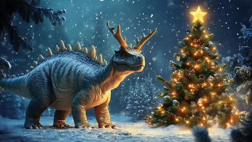 Gentle dinosaur in antlers enjoys a glowing snowy Christmas tree