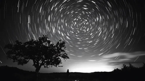 Monochrome long‑exposure star trail sky with silhouetted tree.