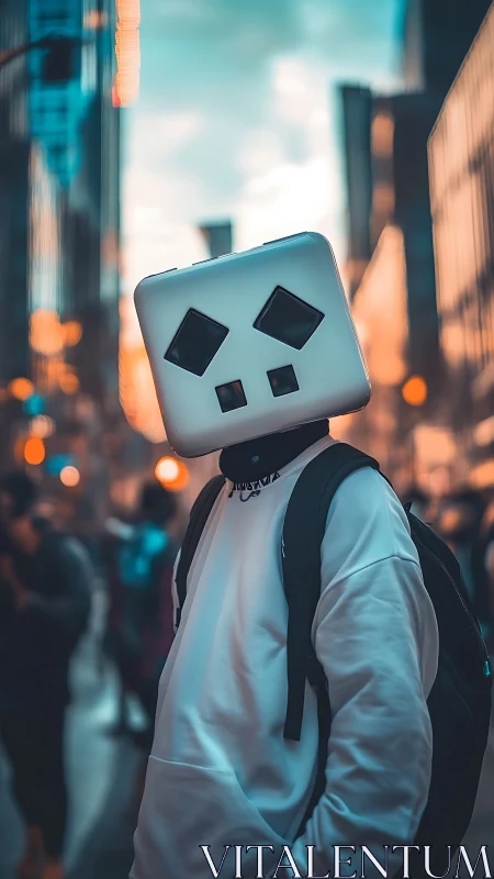 Urban portrait of cube-headed figure in teal-orange bokeh glow.