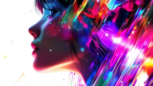 Neon-lit female profile framed by prismatic digital streaks.